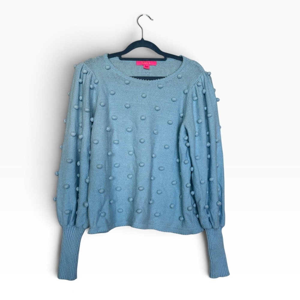 Lilly Pulitzer Blue Pom Pom Bobble Knit Sweater Puff Sleeve Medium Coquette
